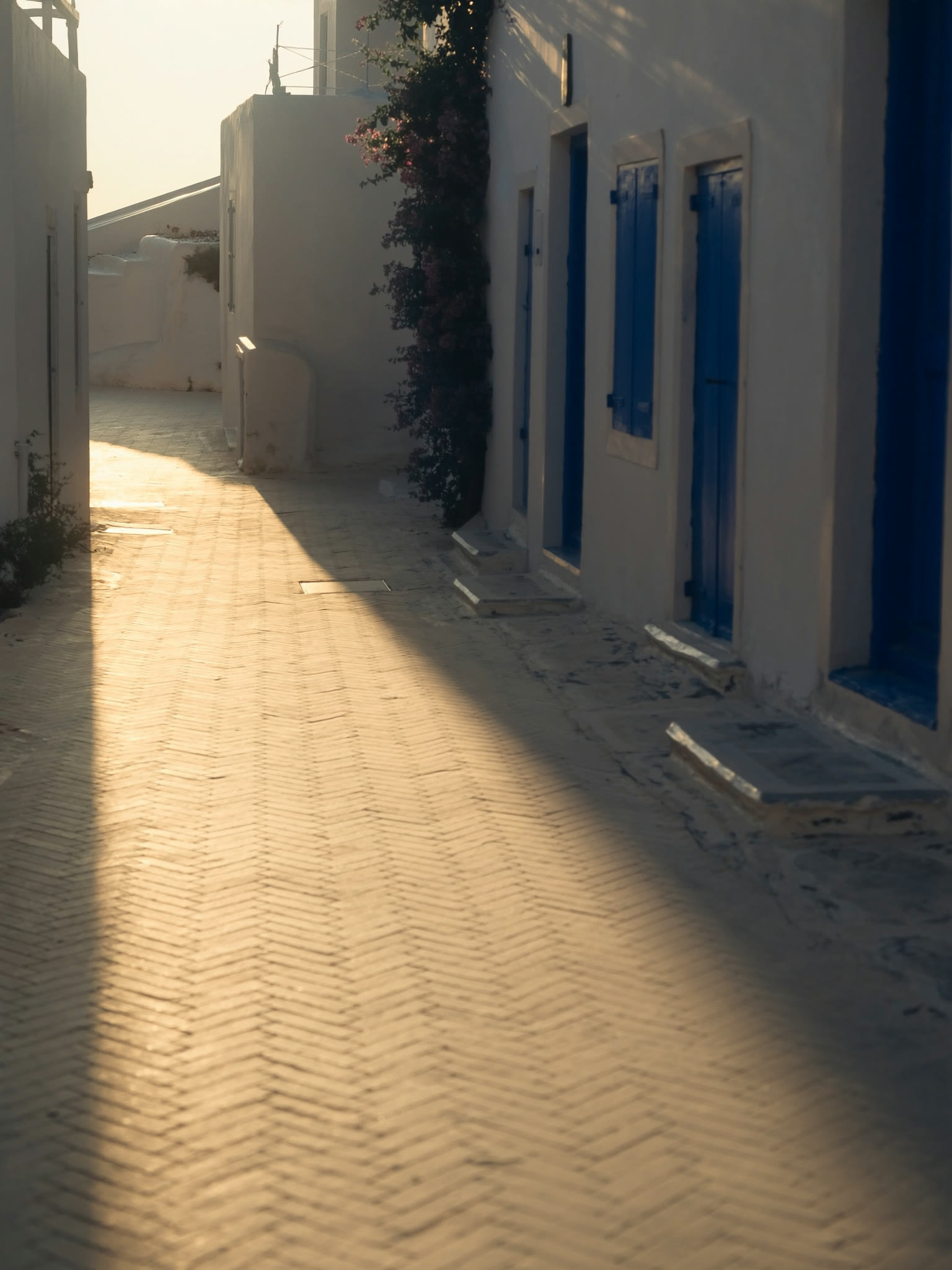 A narrow Oia lane at early morning before the crowds arrive