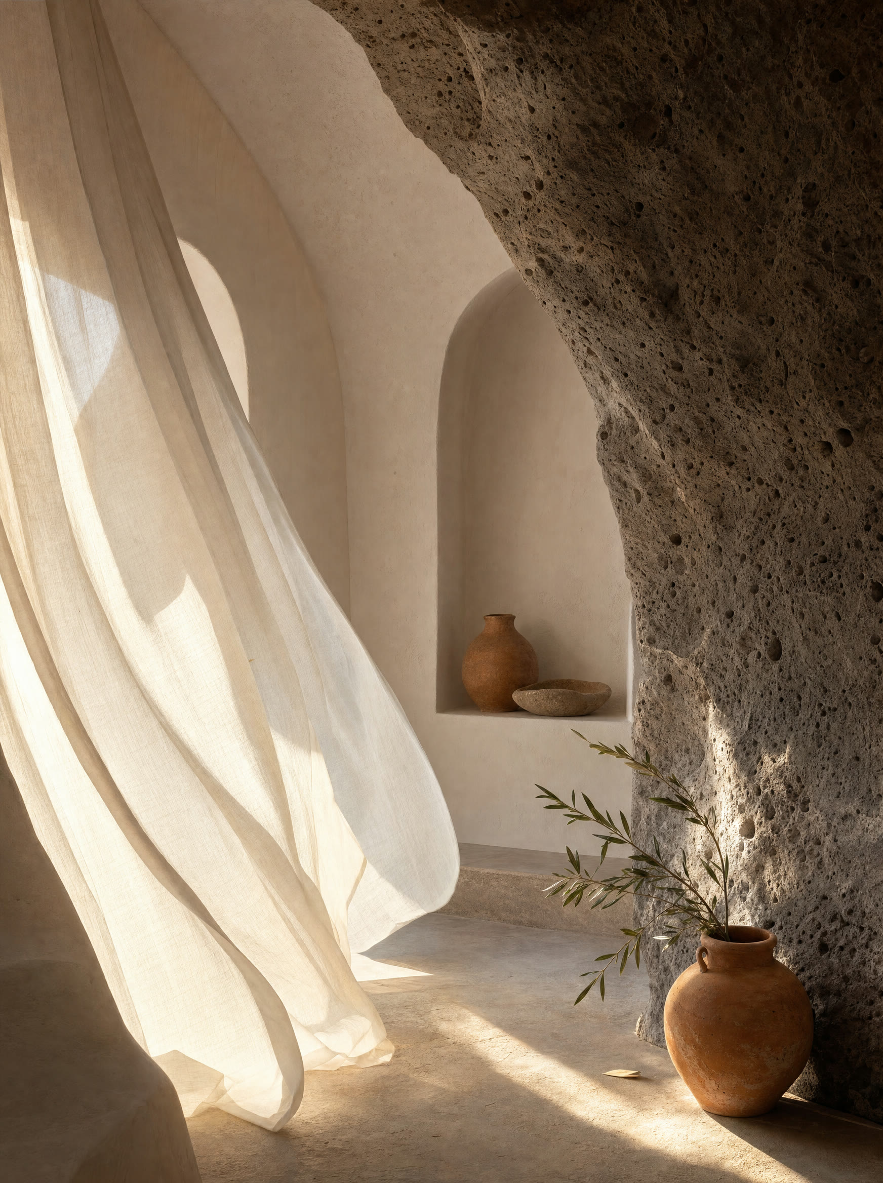 A cave-suite interior, volcanic stone meeting soft linen